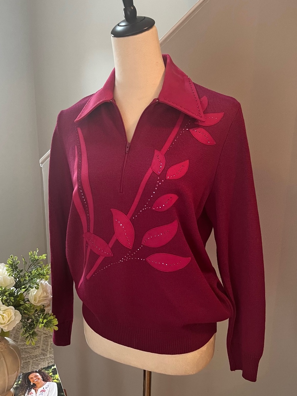 VTG 80’s PHILIPPE MARQUES Sweater 1/4 Zip Rhinestones Leaf Appliqué Pink Size 6